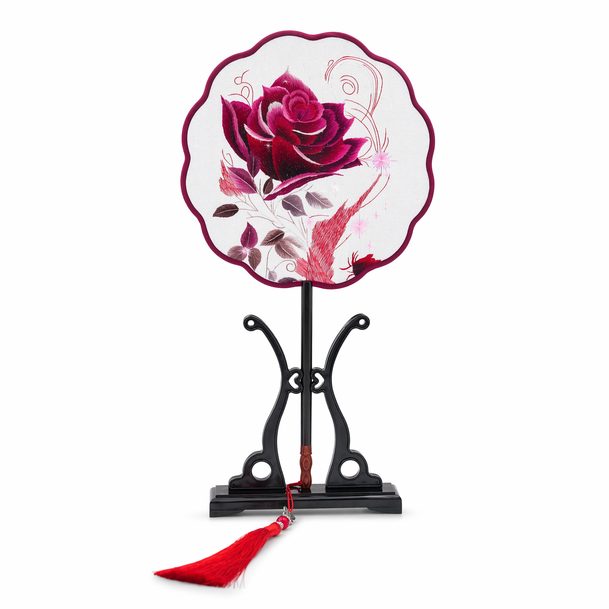 Apsastitch Xiang Embroidery Round Fan Series – Handcrafted Silk Fans with Rosewood Handle, Lotus & Starry Rose Designs, Unique Chinese Heritage Home Decor Gift