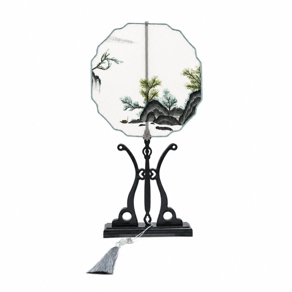 Apsastitch Su Embroidery Hand-Wrapped Silk Fan "Landscape" – 192-Hour Handcrafted Suzhou Embroidery Art Fan, 100% Mulberry Silk with Ebony Handle, Unique Chinese Heritage Home Decor Gift