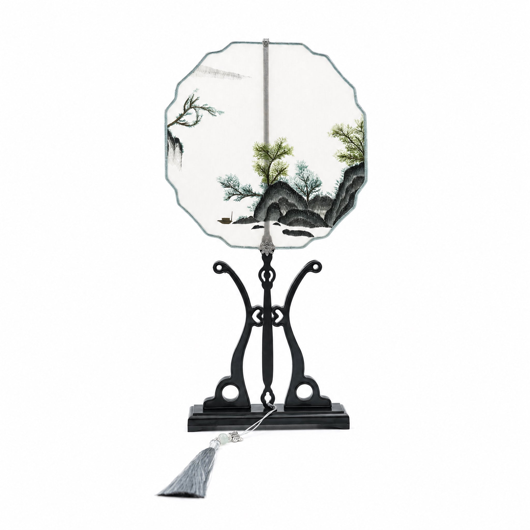 Apsastitch Su Embroidery Hand-Wrapped Silk Fan "Landscape" – 192-Hour Handcrafted Suzhou Embroidery Art Fan, 100% Mulberry Silk with Ebony Handle, Unique Chinese Heritage Home Decor Gift