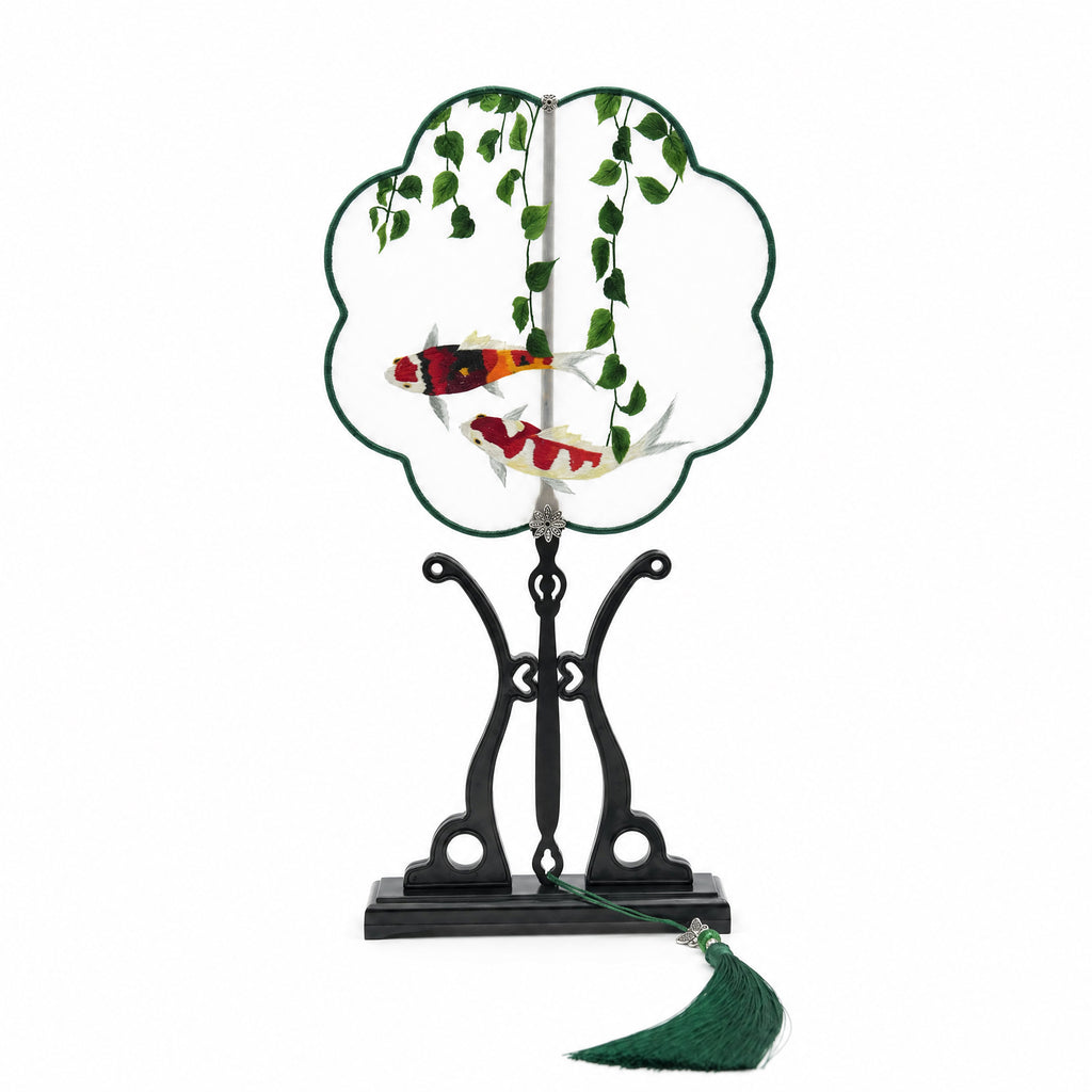 Apsastitch Su Embroidery Hand-Wrapped Silk Fan "Koi Fish Blessing" – 192-Hour Handcrafted Suzhou Embroidery Art Fan, 100% Mulberry Silk with Ebony Handle, Unique Chinese Heritage Home Decor Gift