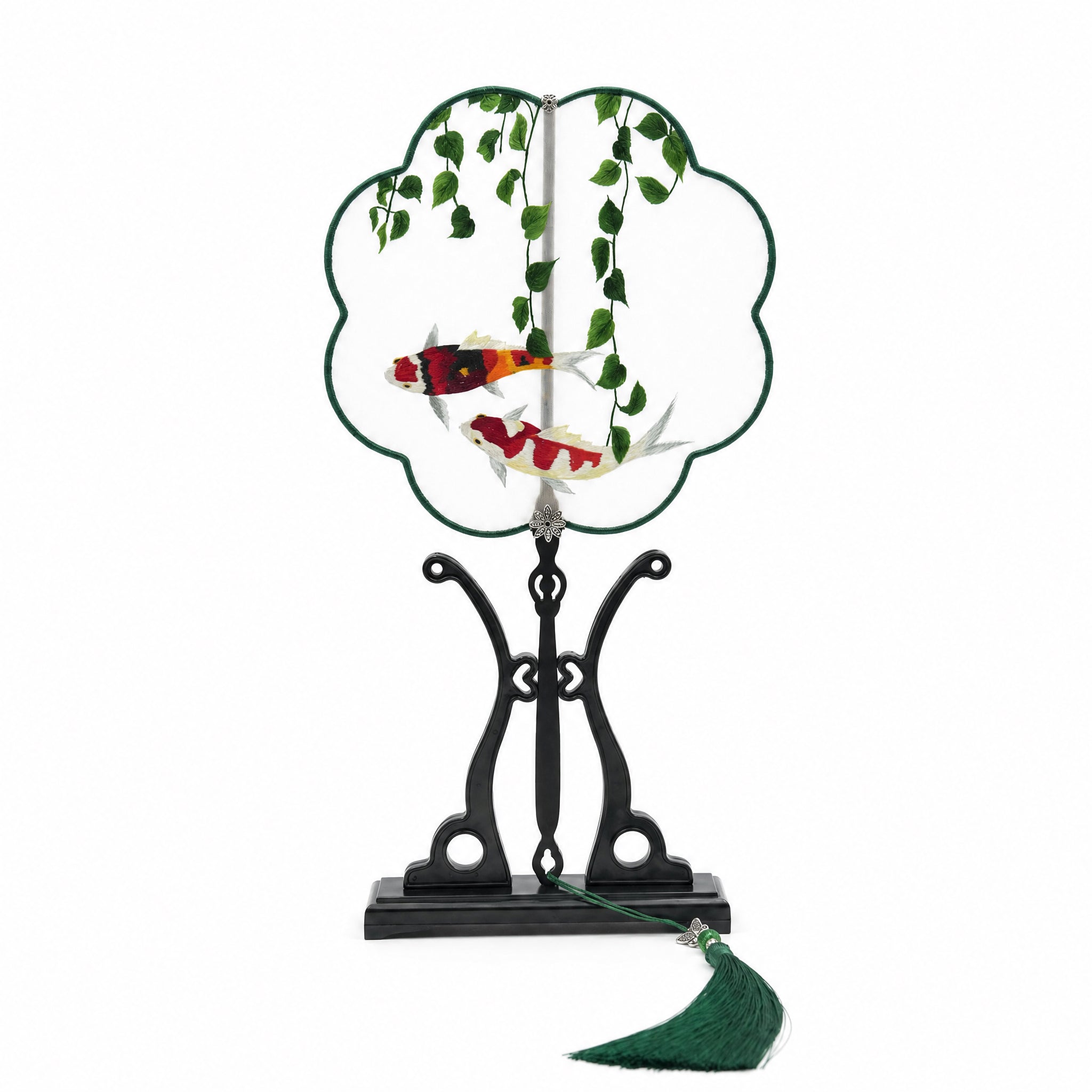 Apsastitch Su Embroidery Hand-Wrapped Silk Fan "Koi Fish Blessing" – 192-Hour Handcrafted Suzhou Embroidery Art Fan, 100% Mulberry Silk with Ebony Handle, Unique Chinese Heritage Home Decor Gift