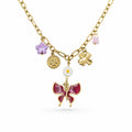Apsastitch Red Butterfly Pendant with Multi-Flower Copper-Plated Necklace – Copper-Plated Chain with Floral Pendant, Romantic Butterfly Fashion Jewelry Gift