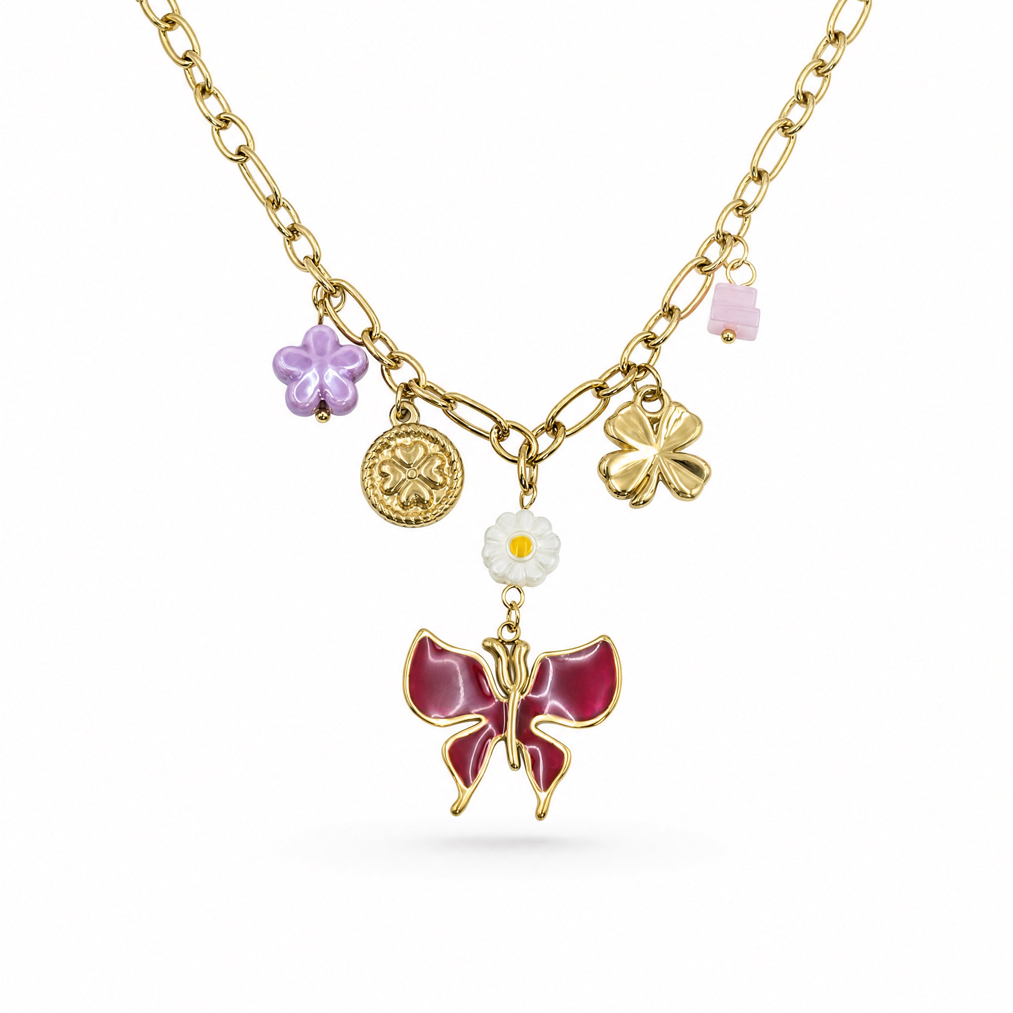 Apsastitch Red Butterfly Pendant with Multi-Flower Copper-Plated Necklace – Copper-Plated Chain with Floral Pendant, Romantic Butterfly Fashion Jewelry Gift