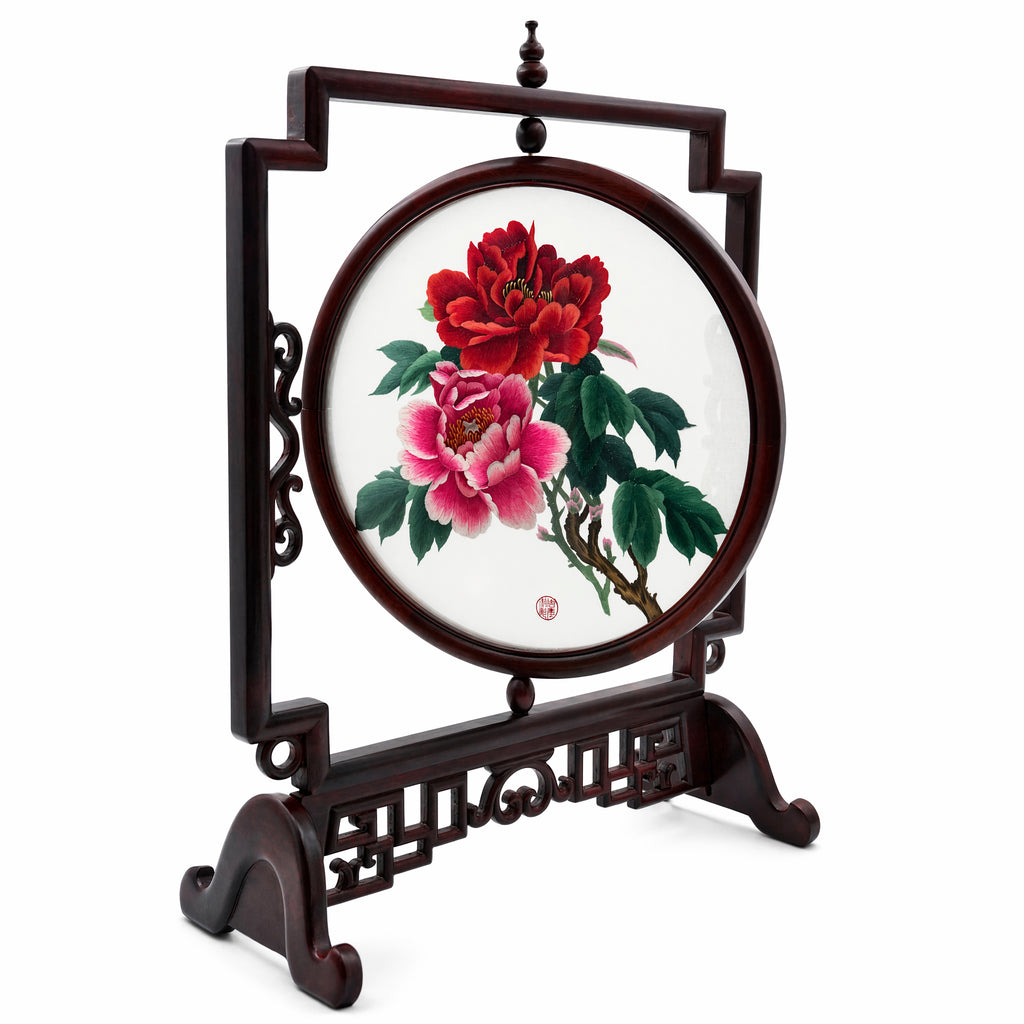 Apsastitch Double-Sided Peony Embroidery Table Screen – 240-Hour Handcrafted Xiang Embroidery Art Collectible, 55×52cm Silk Satin with Padauk Wood Frame