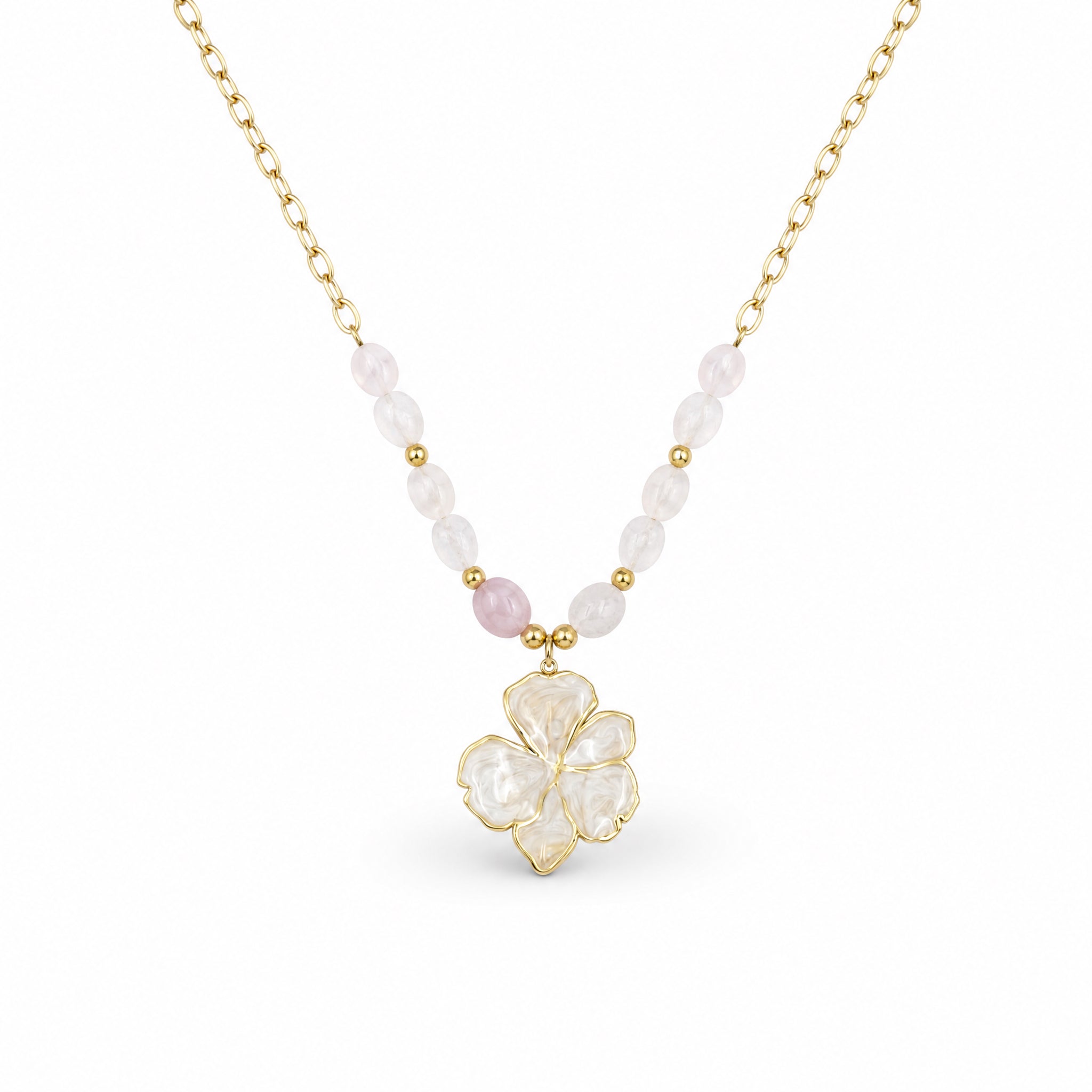 Apsastitch White Flower Pendant with Crystal Beads Copper-Plated Necklace – Copper-Plated Chain with Crystal Beads and White Floral Pendant, Fresh Elegant Jewelry Gift