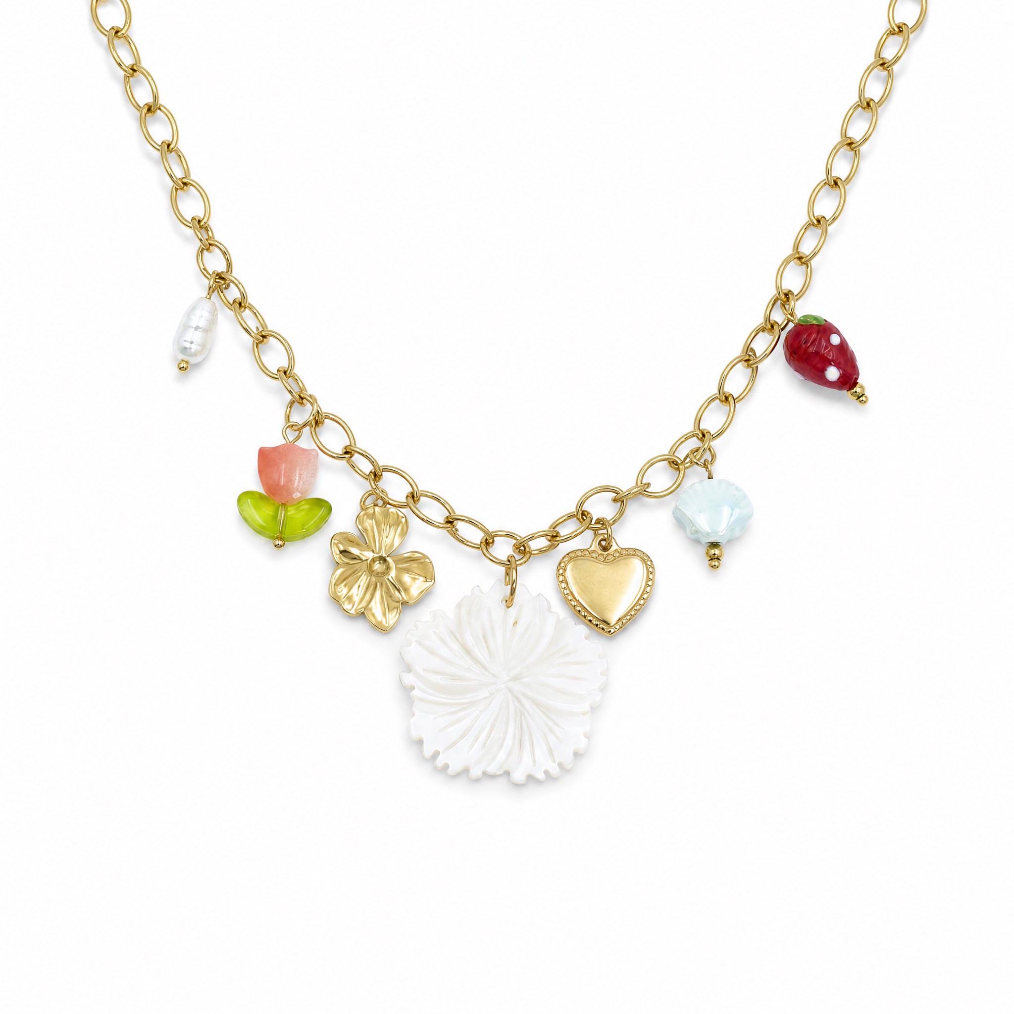 Apsastitch Shell Pendant with Multi-Flower Copper-Plated Necklace – Copper-Plated Chain with Floral Pendant, Ocean-Inspired Fashion Jewelry Gift