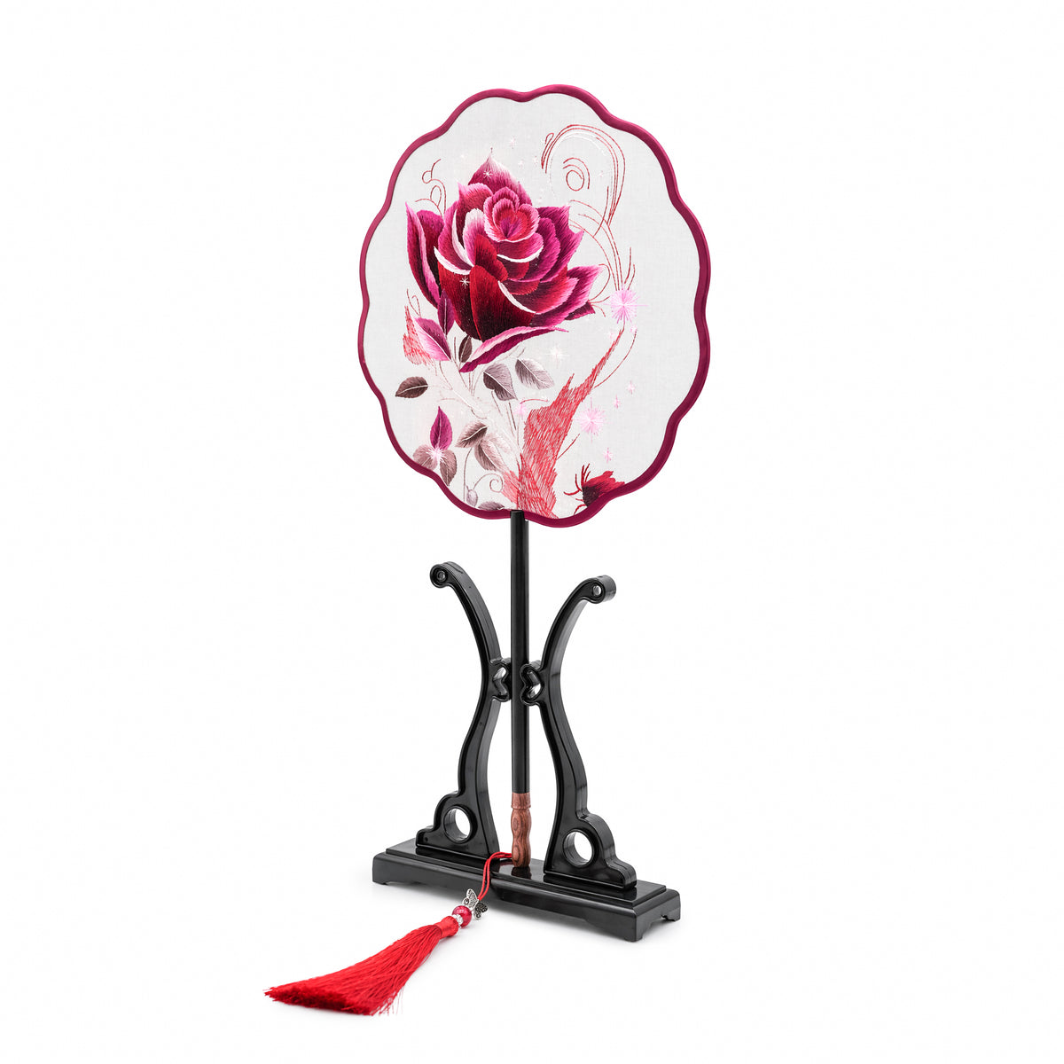 Apsastitch Xiang Embroidery Round Fan Series – Handcrafted Silk Fans with Rosewood Handle, Lotus & Starry Rose Designs, Unique Chinese Heritage Home Decor Gift