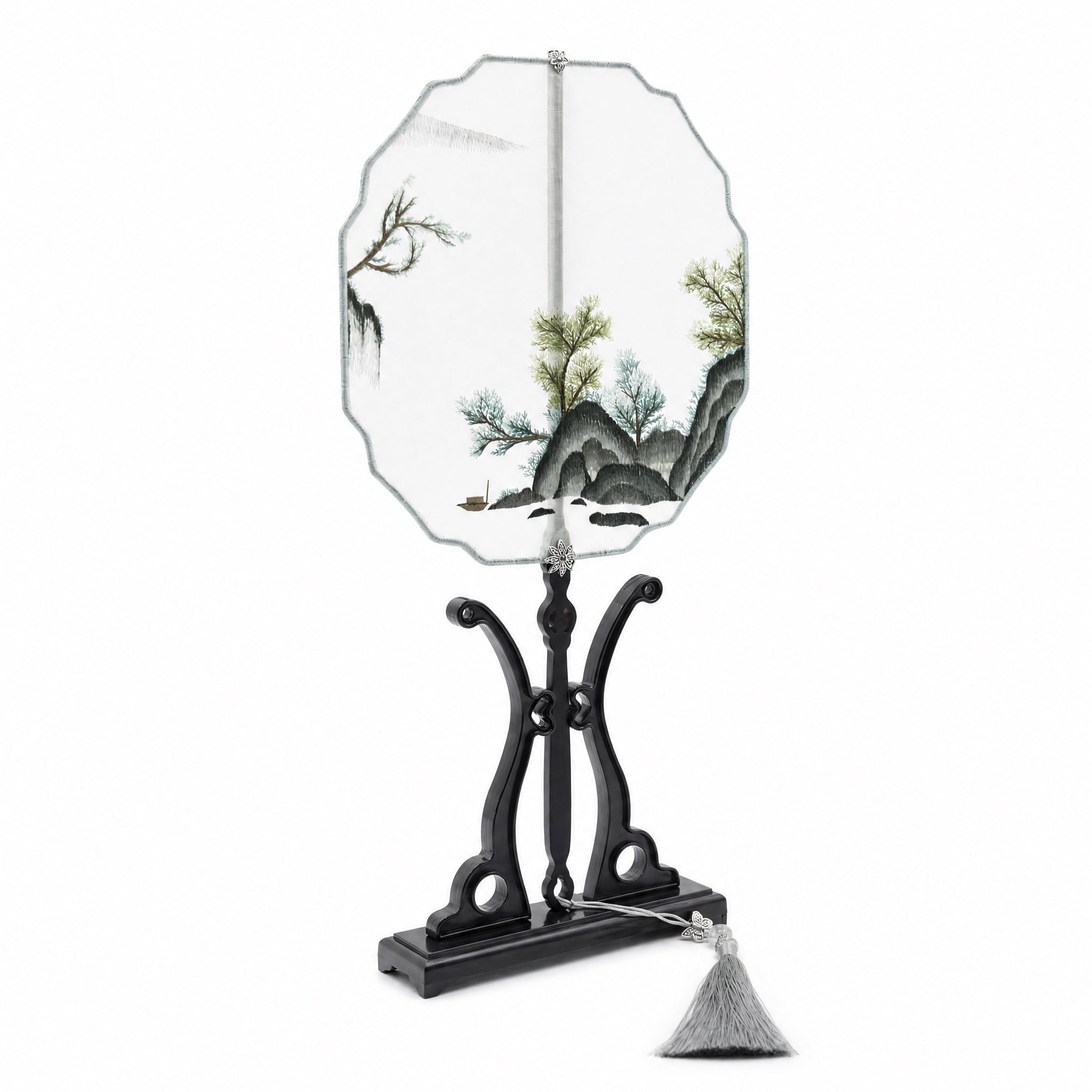 Apsastitch Su Embroidery Hand-Wrapped Silk Fan "Landscape" – 192-Hour Handcrafted Suzhou Embroidery Art Fan, 100% Mulberry Silk with Ebony Handle, Unique Chinese Heritage Home Decor Gift