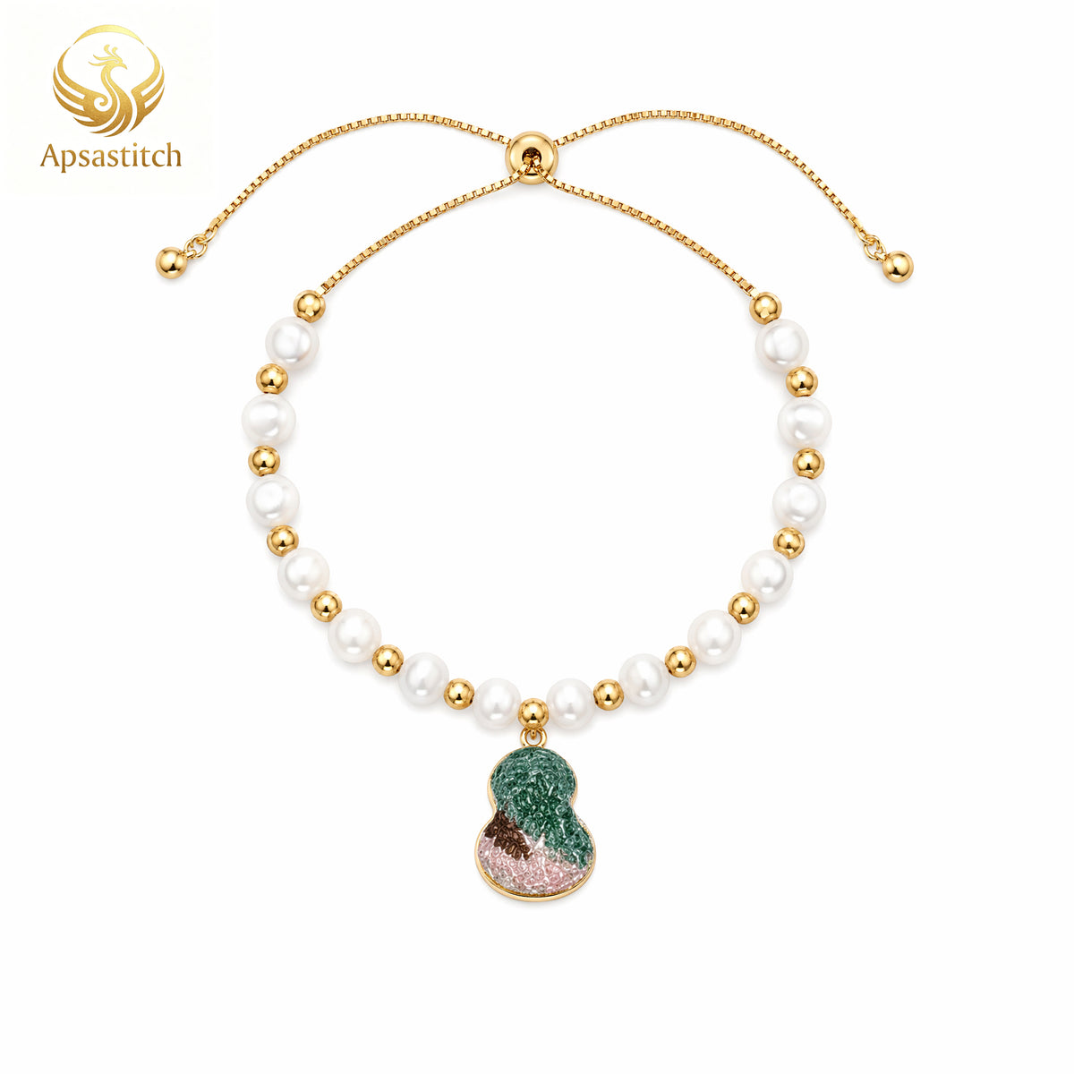 Apsastitch Dunhuang Five-Color Gourd Bracelet Series – 24K Gold-Plated S925 Silver with Freshwater Pearl & Mulberry Silk Embroidery, Five Auspicious Colors, Adjustable Sliding Knot, Unique Chinese Heritage Jewelry Gift