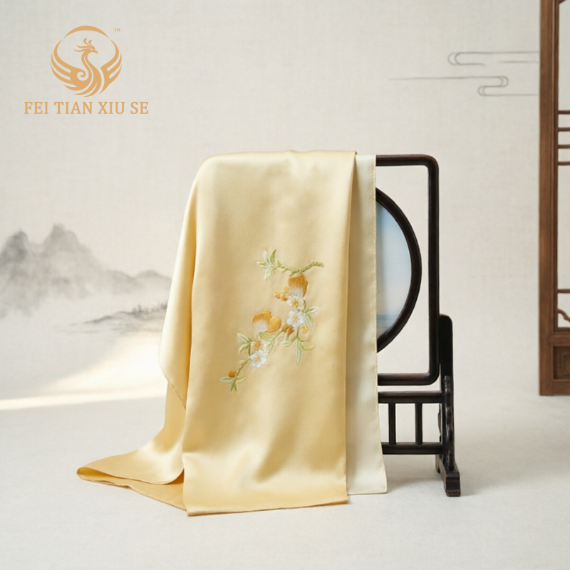 Luxury Handmade Embroidered Silk Scarf Women 100% Real Mulberry Silk Shawl Wrap High-End Gift