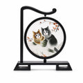 Apsastitch Double-Sided Auspicious Cats Embroidery Table Screen – Handcrafted Xiang Embroidery Art Collectible, Silk Satin with Solid Wood Frame