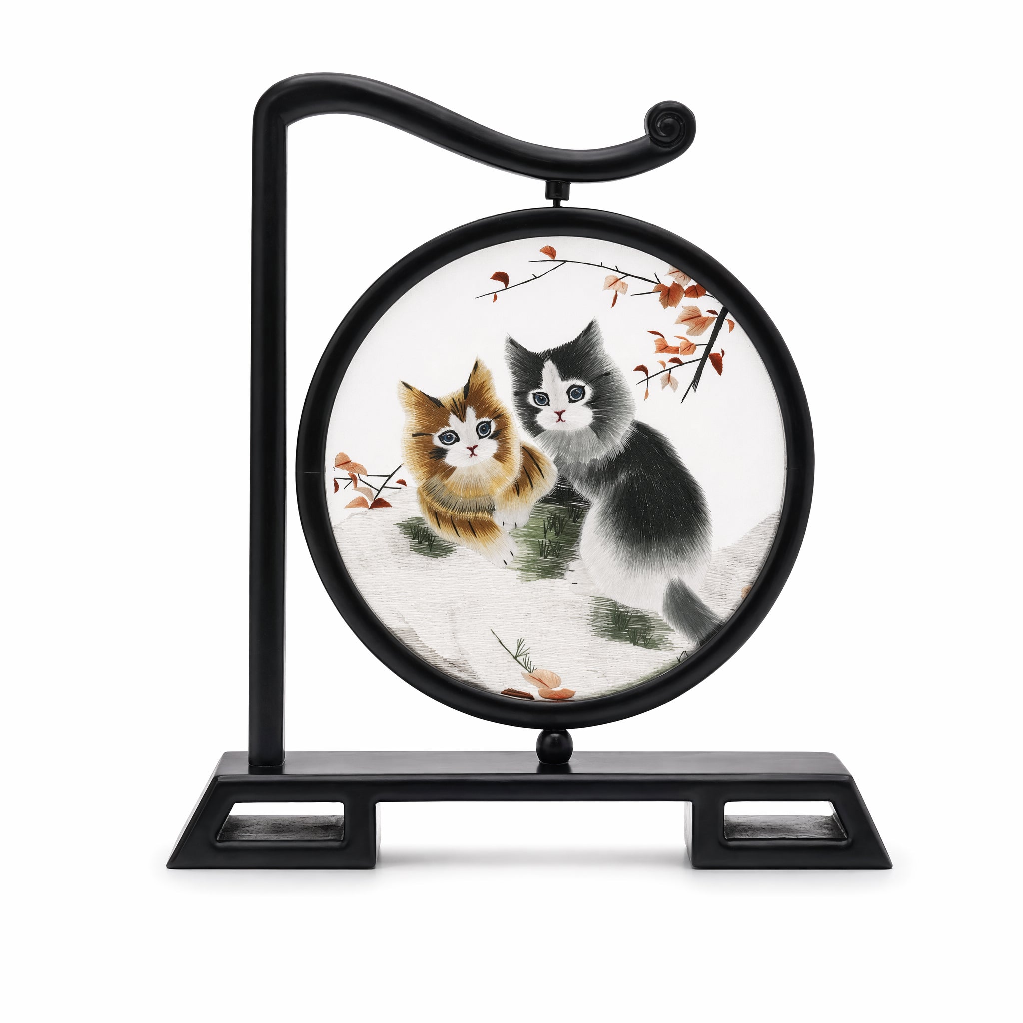 Apsastitch Double-Sided Auspicious Cats Embroidery Table Screen – Handcrafted Xiang Embroidery Art Collectible, Silk Satin with Solid Wood Frame