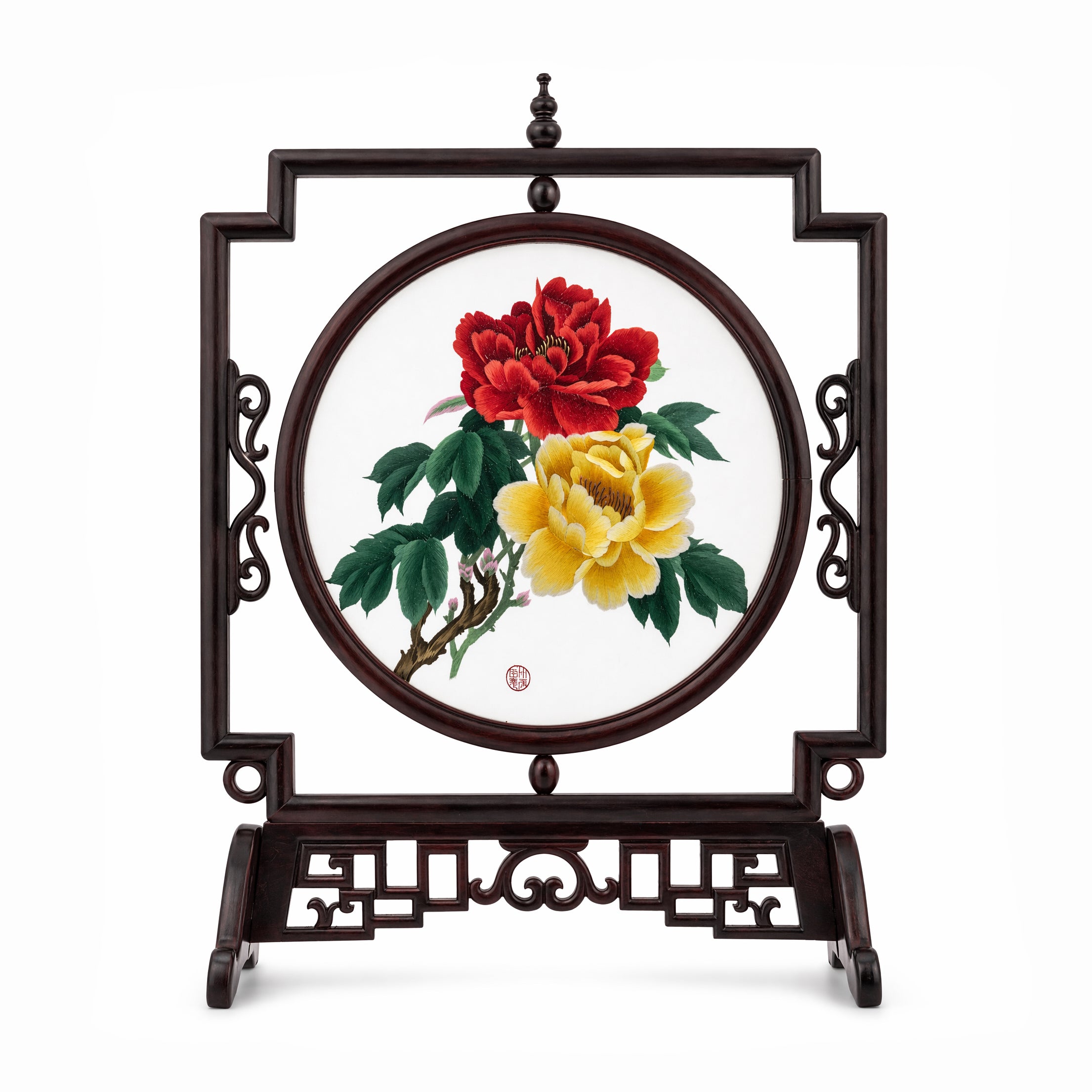 Apsastitch Double-Sided Peony Embroidery Table Screen – 240-Hour Handcrafted Xiang Embroidery Art Collectible, 55×52cm Silk Satin with Padauk Wood Frame