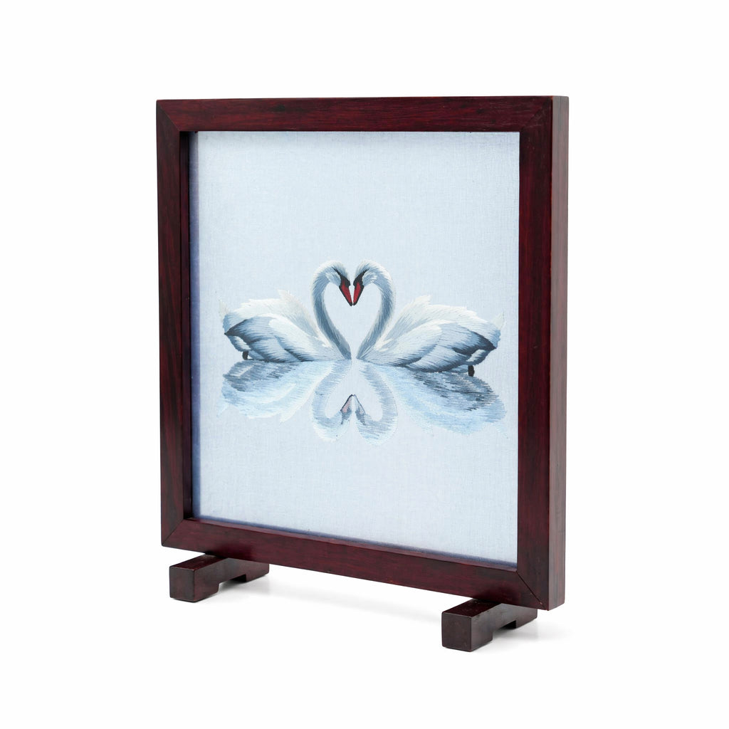 Apsastitch New Chinese Style Swan Embroidery Table Screen – 50-Hour Handcrafted Xiang Embroidery Art Collectible, 20×20cm Silk Satin with Rosewood Frame