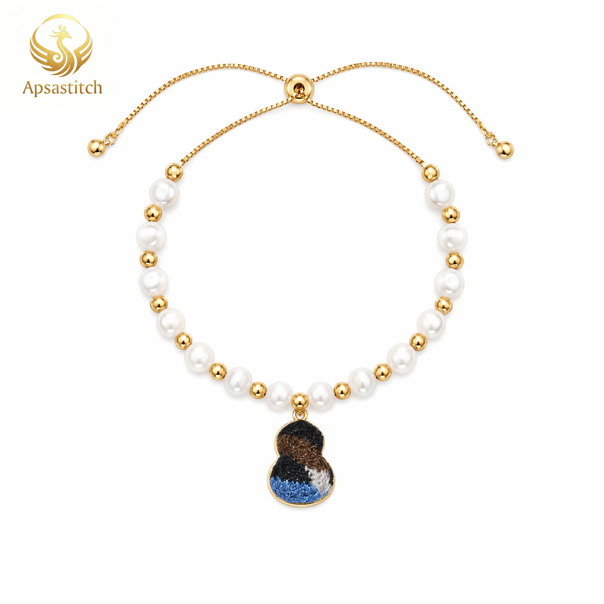 Apsastitch Dunhuang Five-Color Gourd Bracelet Series – 24K Gold-Plated S925 Silver with Freshwater Pearl & Mulberry Silk Embroidery, Five Auspicious Colors, Adjustable Sliding Knot, Unique Chinese Heritage Jewelry Gift