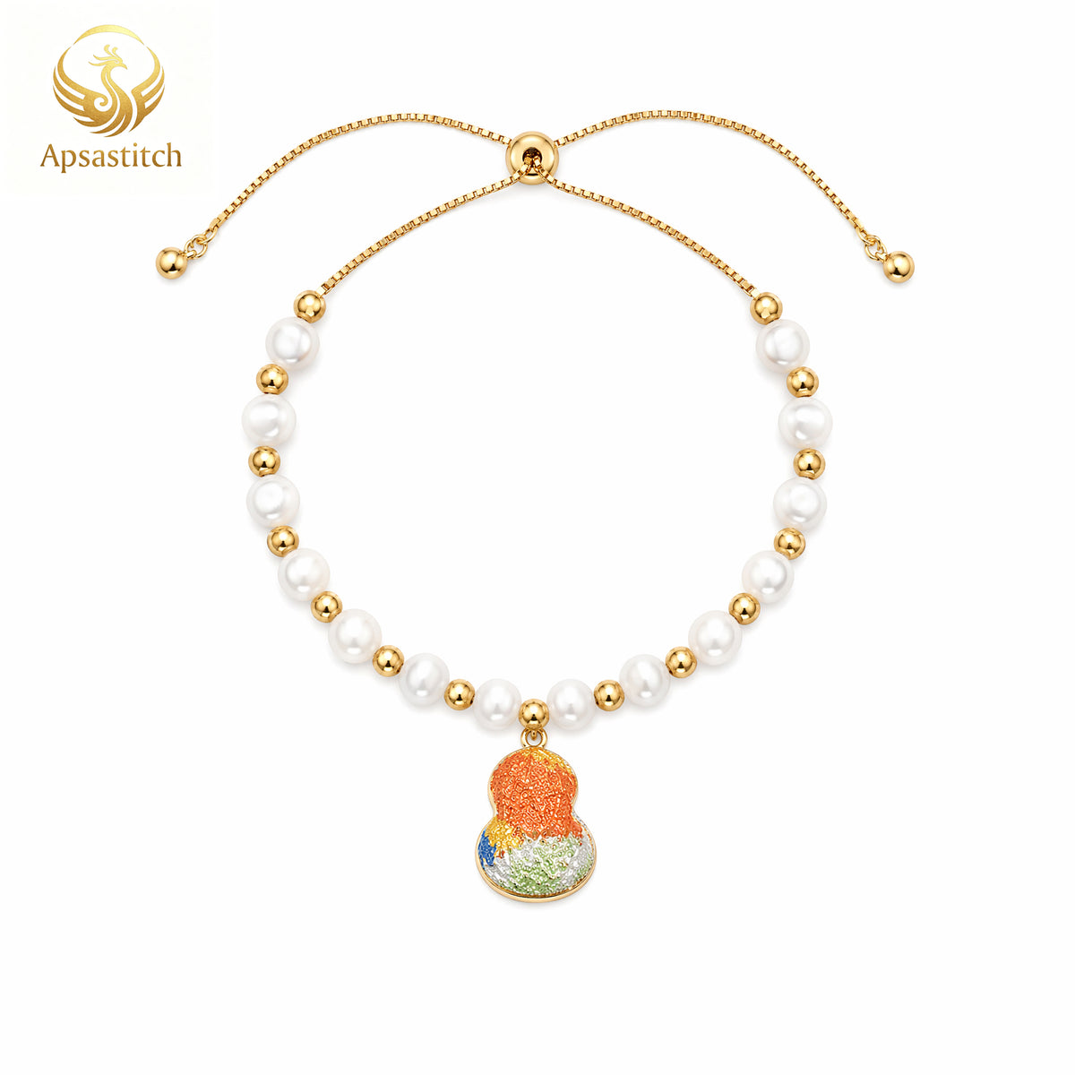 Apsastitch Dunhuang Five-Color Gourd Bracelet Series – 24K Gold-Plated S925 Silver with Freshwater Pearl & Mulberry Silk Embroidery, Five Auspicious Colors, Adjustable Sliding Knot, Unique Chinese Heritage Jewelry Gift