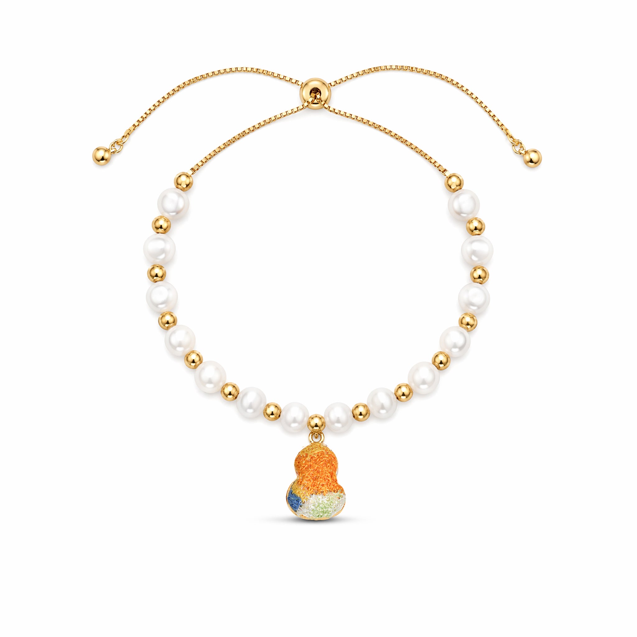 Apsastitch Hand-Embroidered Gourd Bracelet | 24K Gold Vermeil S925 Silver with Freshwater Pearl | Dunhuang Five-Color Blessing Jewelry | Limited Edition Certified Artisan Piece